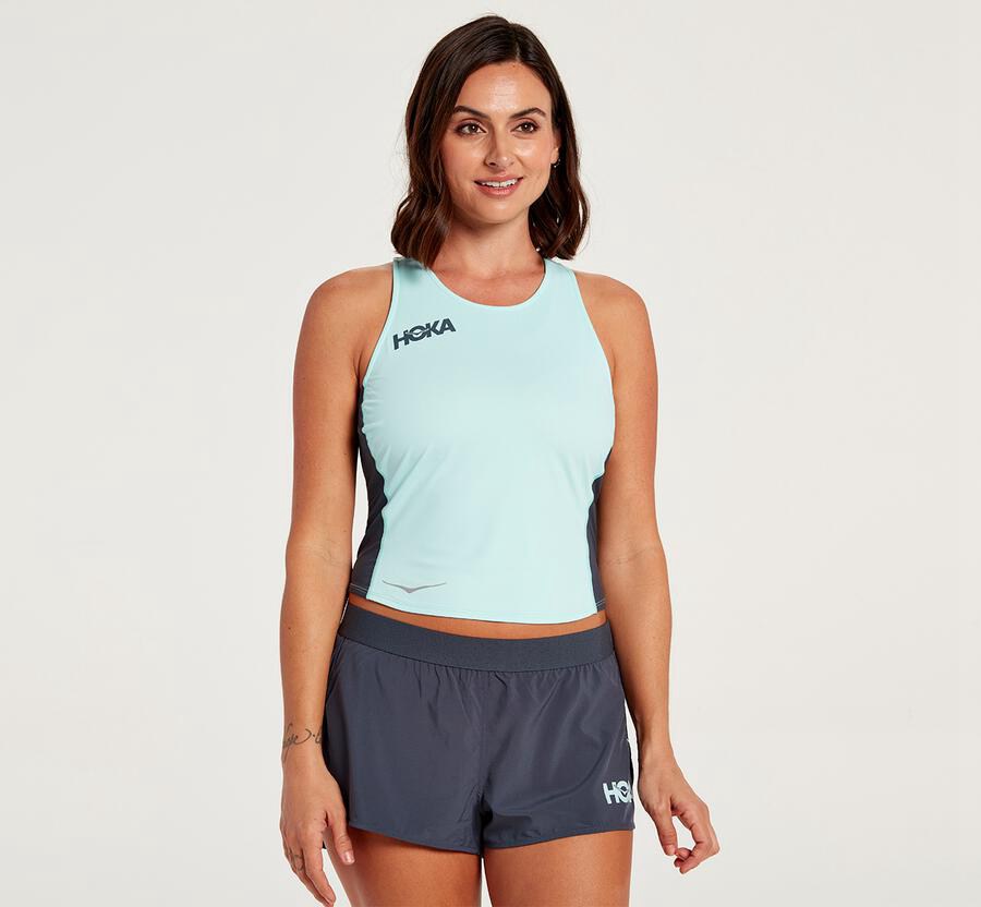 Top Hoka One One Feminino Azuis - Fitted Tank - 152-RLZHXD